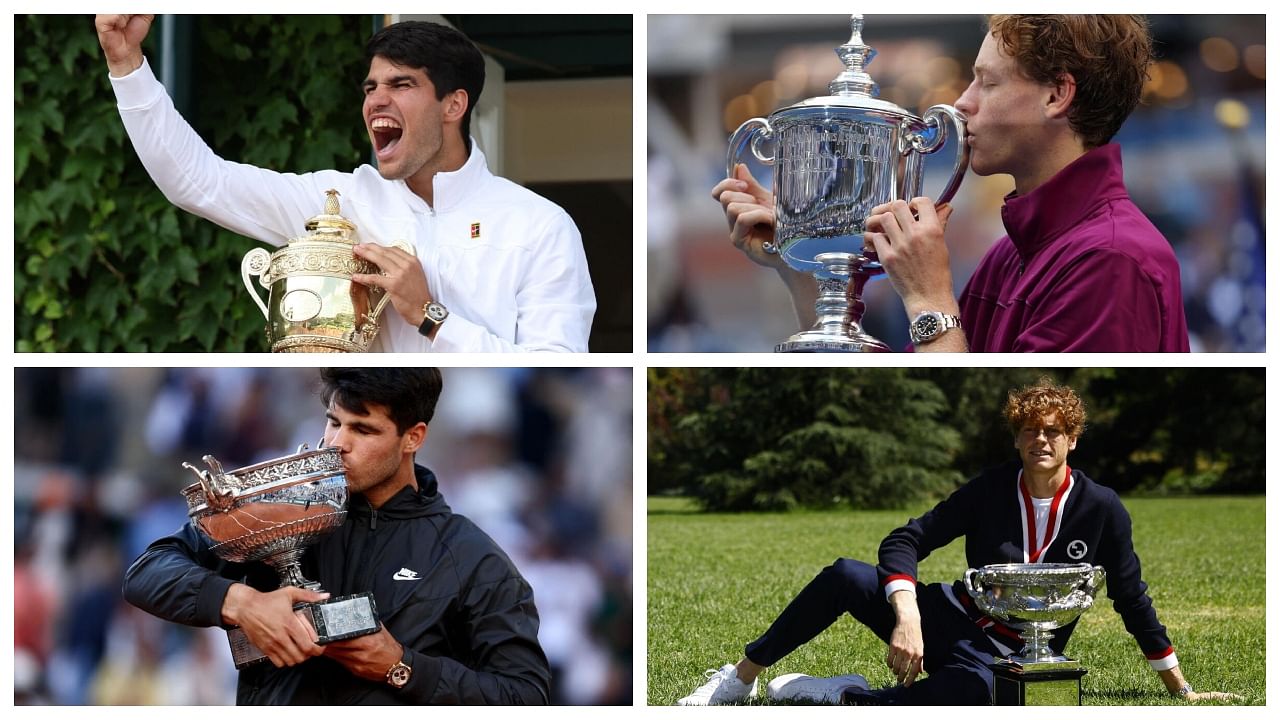 <div class="paragraphs"><p>Carlos Alcaraz and Jannik Sinner with their 2024 Grand Slam titles.  </p></div>